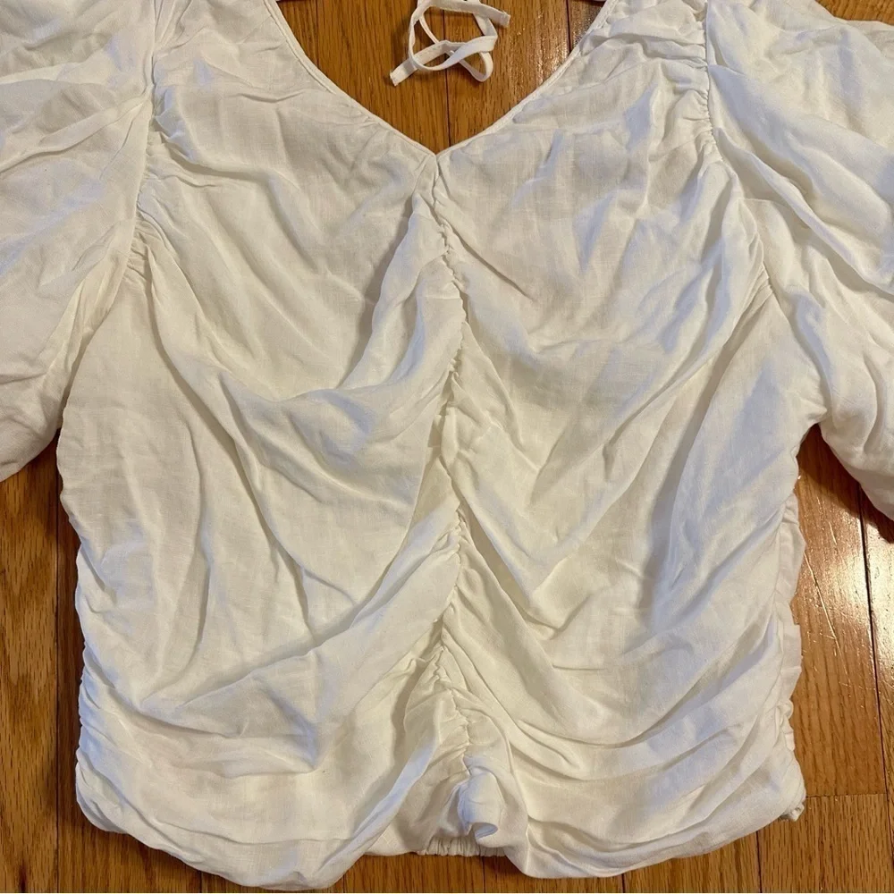 Anthropologie Pilcro Ruched Puff-Sleeve Top XL White Tie String Back New